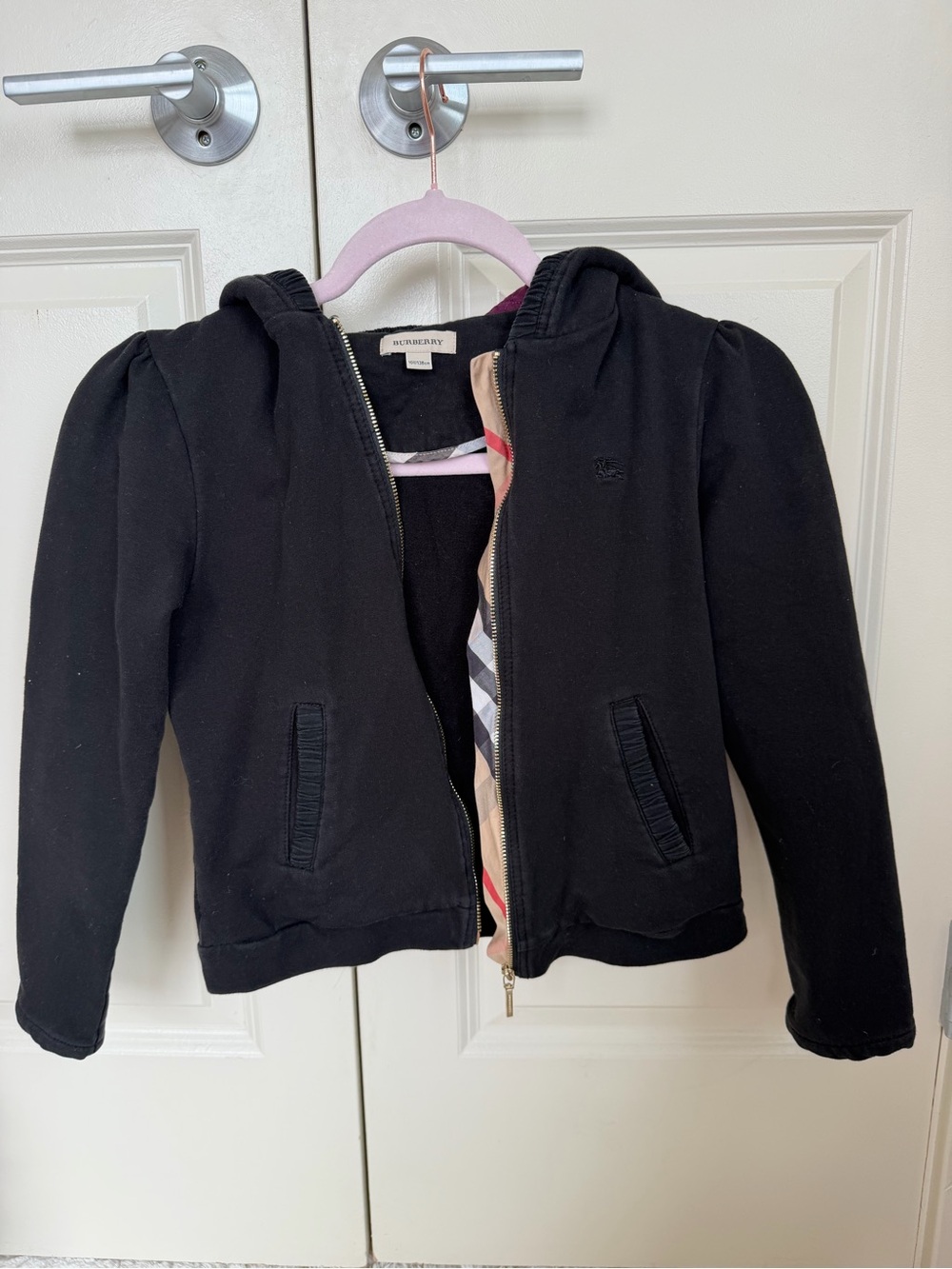 Burberry Black Girls' Hooded Jacket with Signature Check Lining